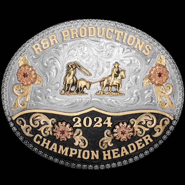 The Hudson Valley Belt Buckle is built with classic Western style in mind. Featuring an oval silver base with copper flowers and bronze scrolls with bead edge. Personalize it today!